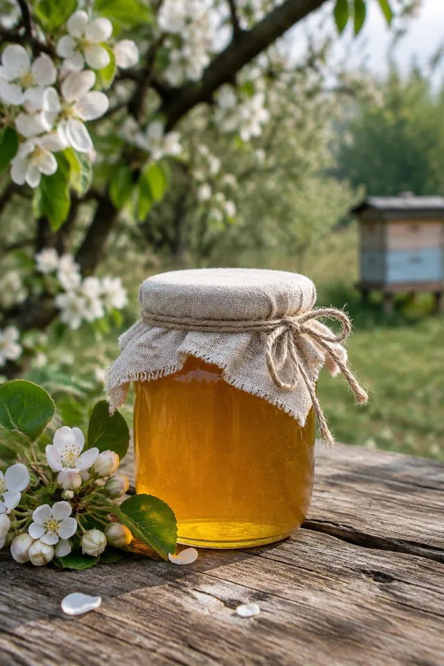 A jar of harvested honey resting outdoors in natural light