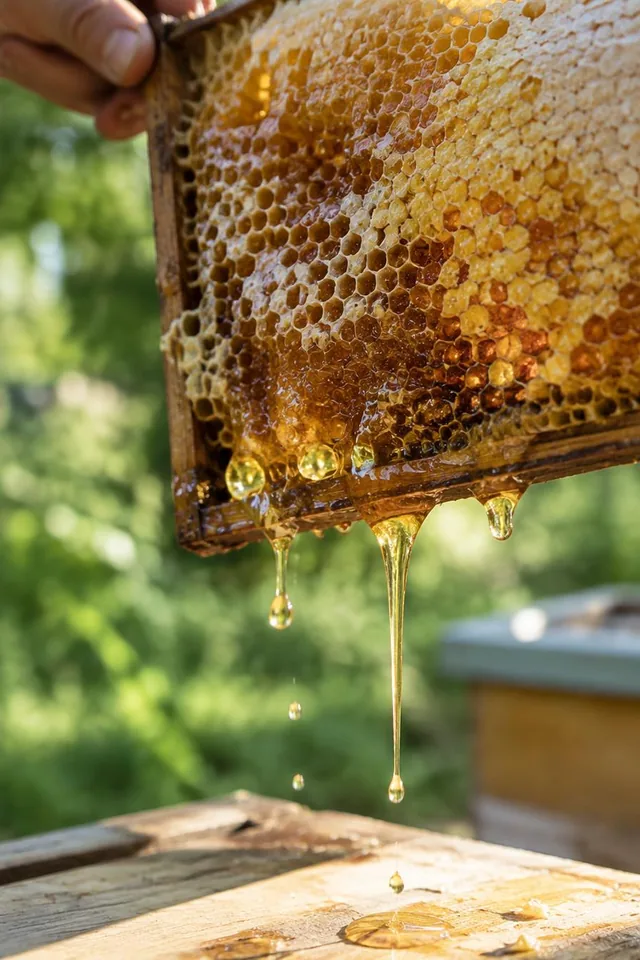 Golden honey dripping naturally from a fresh honeycomb frame