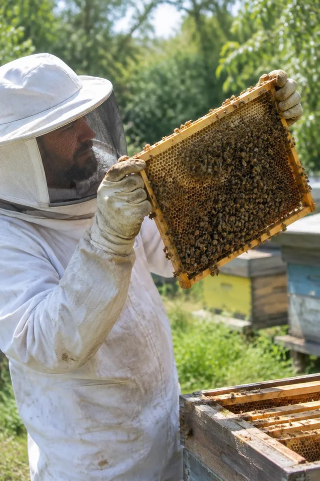 A beekeeper in a white suit inspecting a honeycomb frame in a sunny apiary