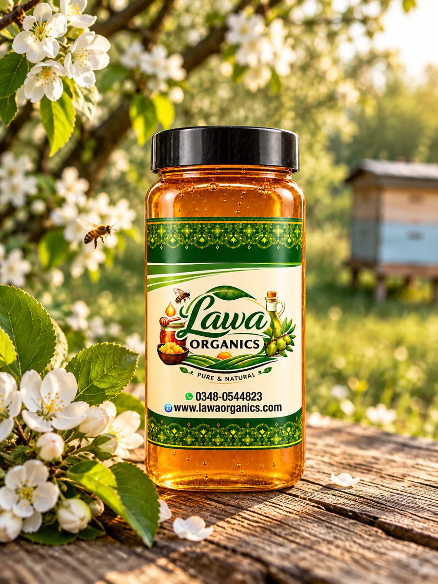 A jar of Lawa Organics honey on a wooden table among blossoming branches
